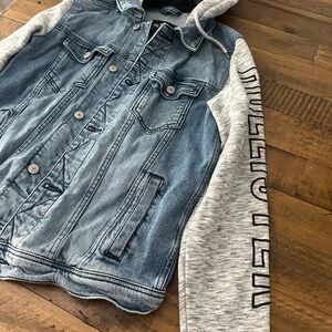Hollister Blue and Gray Jean Jacket with Contrast Sleeves men’s small